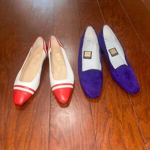 Vintage 80s designer shoes Purple suede heels red and white leather flats